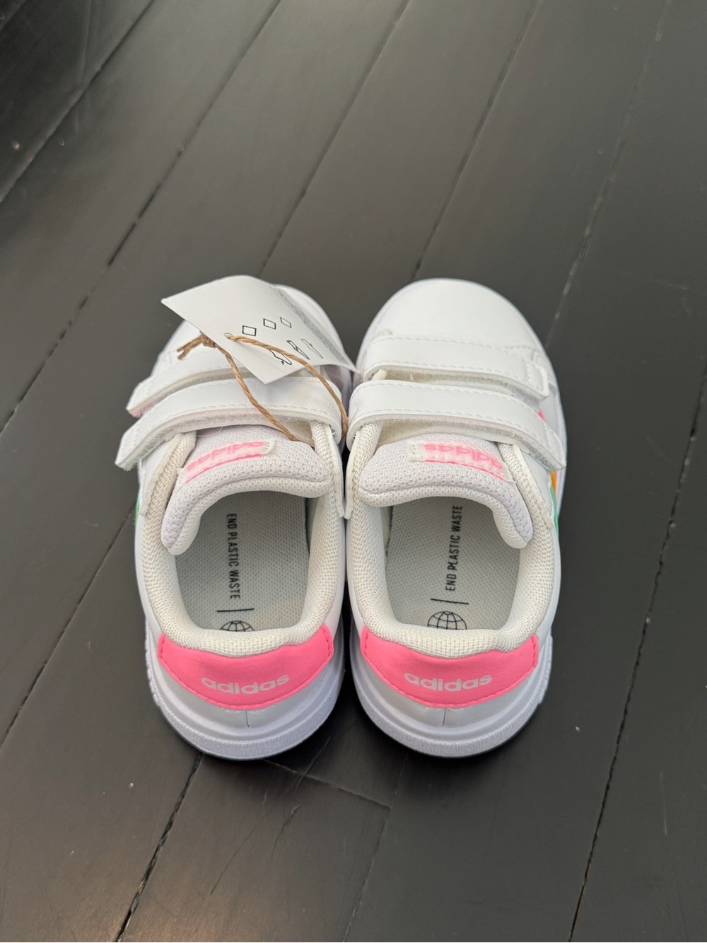 Adidas Kids White Sneaker with Pink Heel Accent and Pastel Stripes
